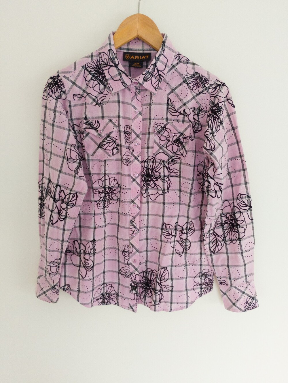 Ariat Women Pink Plaid Flocked Floral Snap Western Shirt Medium